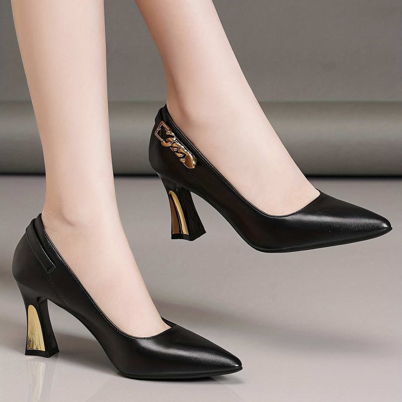 Women's Pointed Toe Court Pumps with Metal Buckle Slip On Chunky Heels