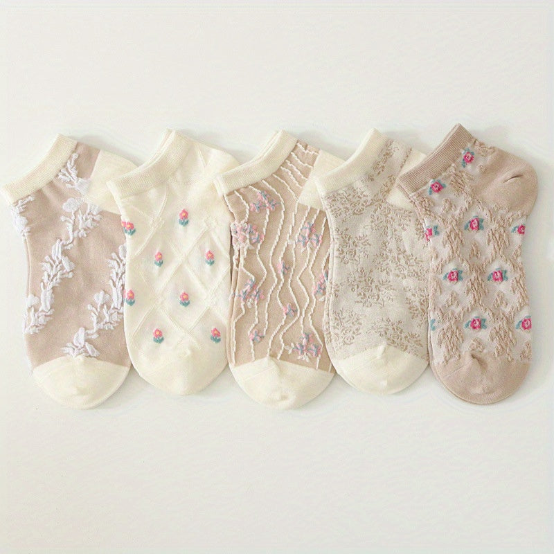 5 Pairs Floral Print Low Cut Ankle Socks Women's Stockings
