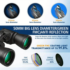 High Magnification HD Binoculars 10x50 w/ Large Eyepiece & Ergonomic Case