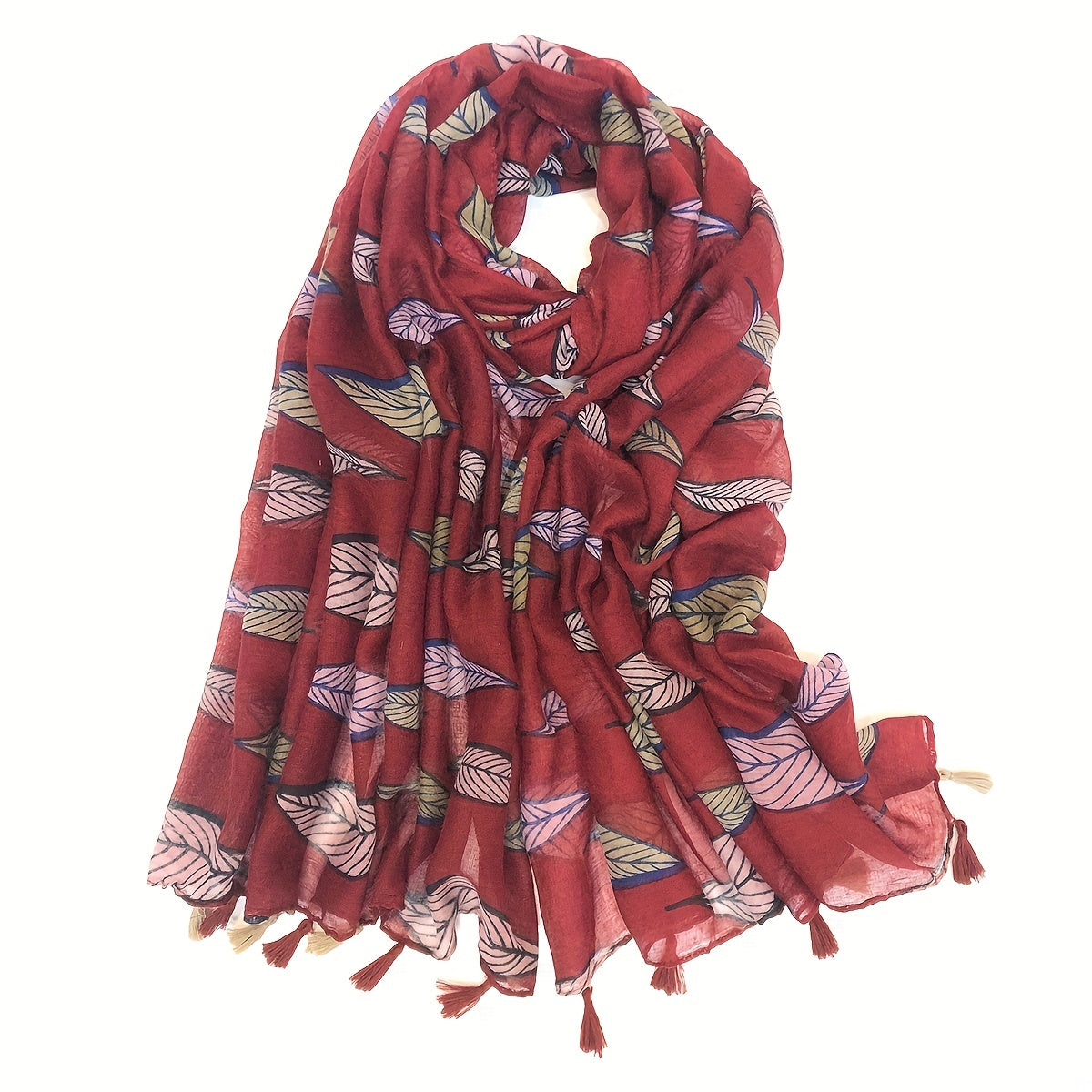 Leaf Print Tassel Scarf Sunproof Shawl