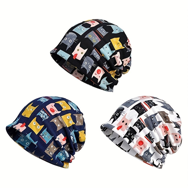 Cartoon Cat Print Beanie Skull Hat Turban Lightweight Chemo Cap