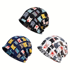 Cartoon Cat Print Beanie Skull Hat Turban Lightweight Chemo Cap