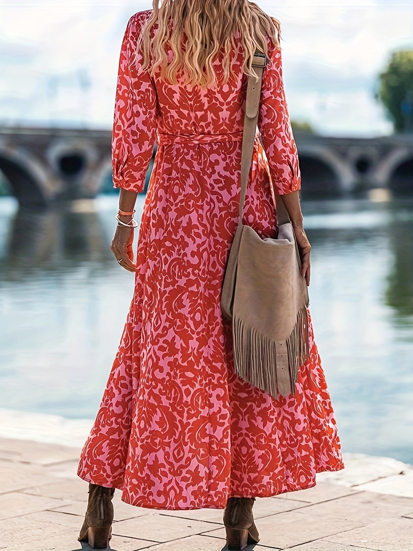  Boho Dress Allover Print Maxi Shirt Dress