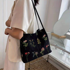 Floral Embroidery Shoulder Bag Canvas Bucket Bag Handbag