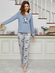 Panda Print Pajama Set Long Sleeve Crew Neck Top & Pants Women's Sleepwear