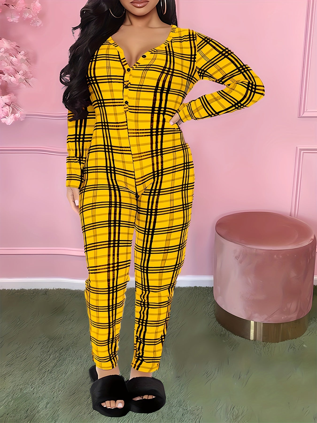  Plaid Print Jumpsuit V Neck Button Up