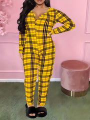  Plaid Print Jumpsuit V Neck Button Up