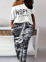  Camo Print One Shoulder Top & Skirt Outfit Set