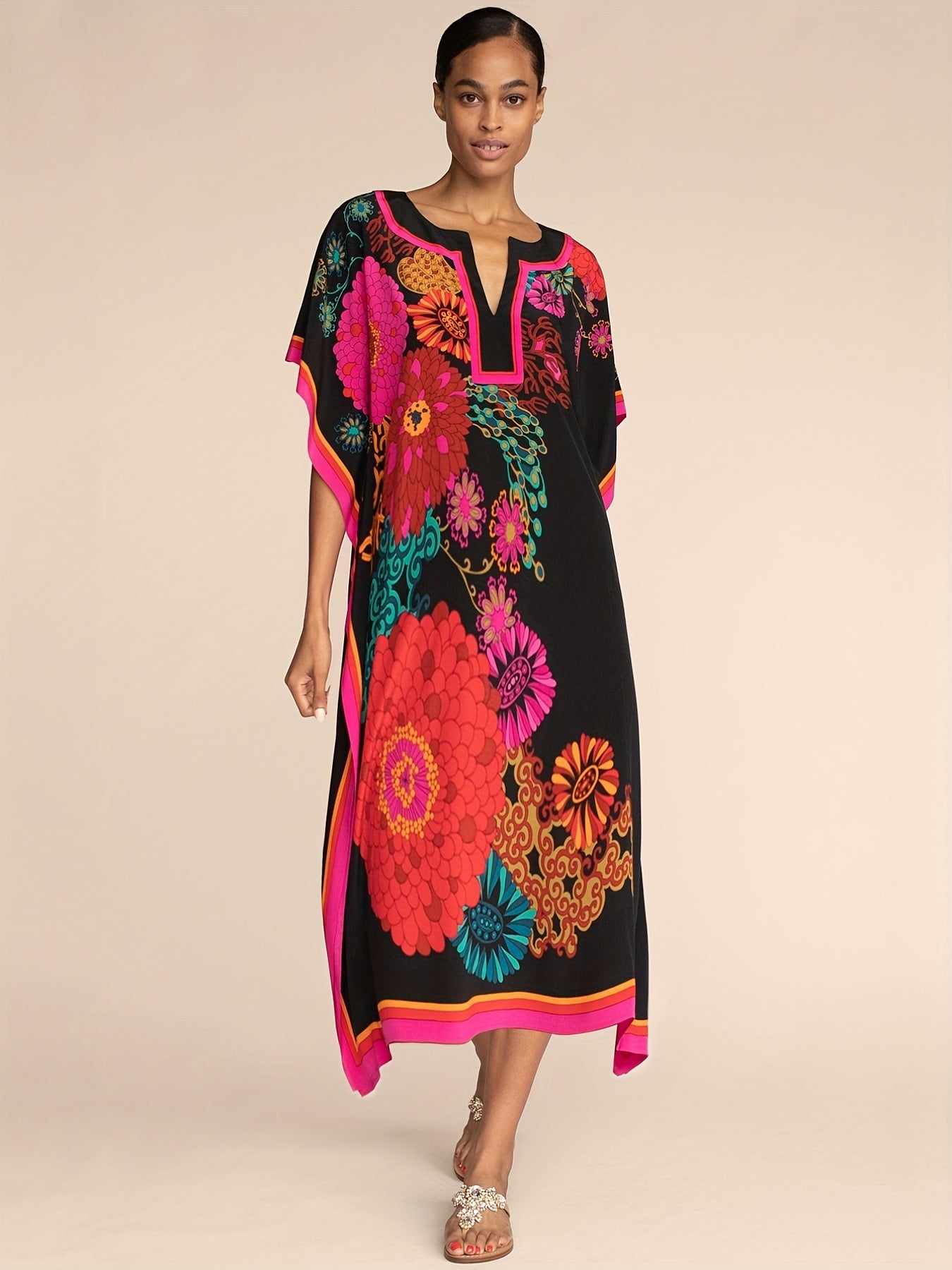  Colorblock Floral Print Bat Sleeve Maxi Cover Up