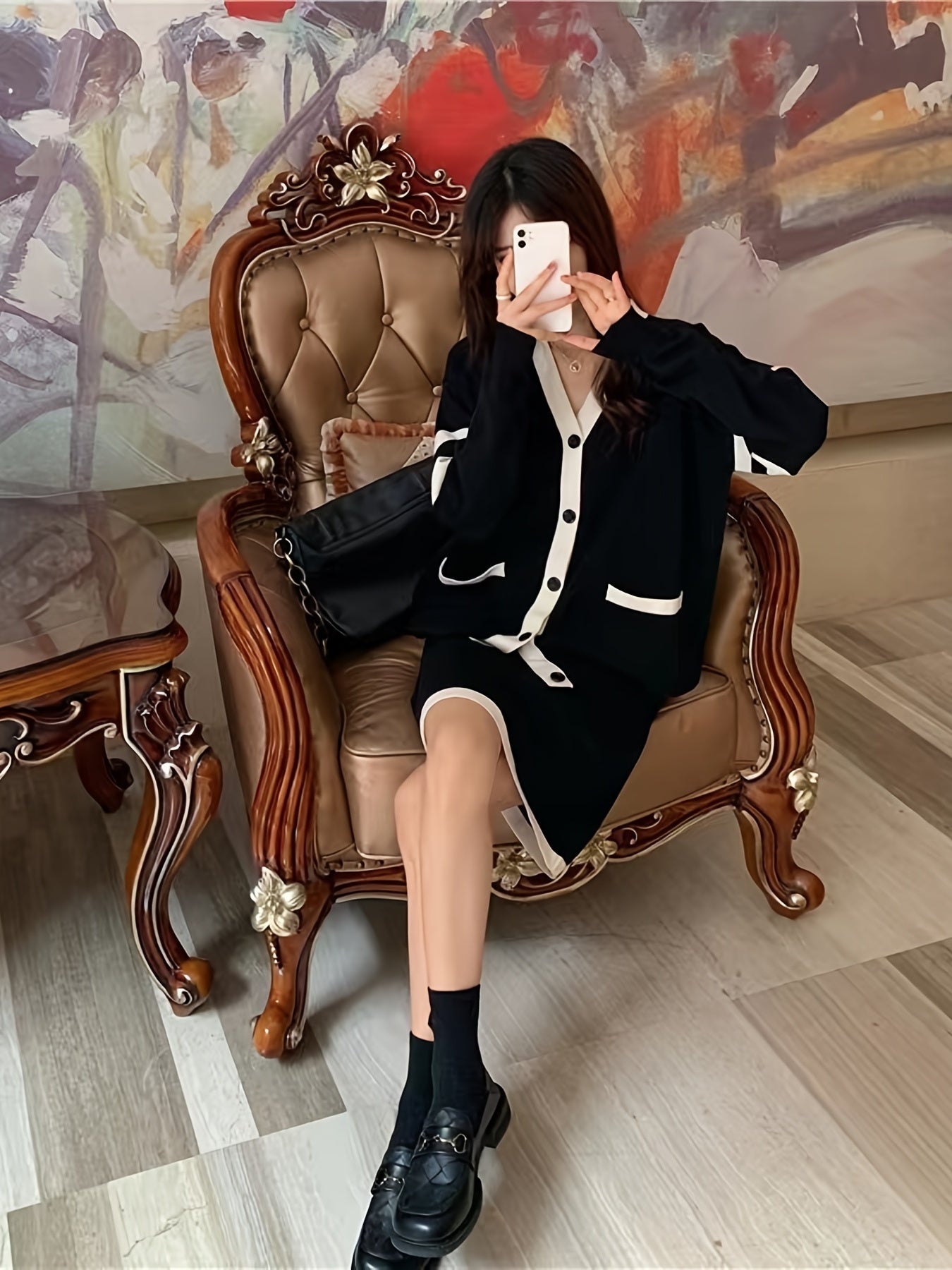 Button Up Cardigan & Knee Length Skirt Set for Women