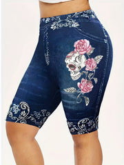  Floral & Skull Print Denim Shorts, Medium Stretch Skinny Fit
