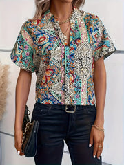  Paisley Print Short Sleeve Boho Blouse