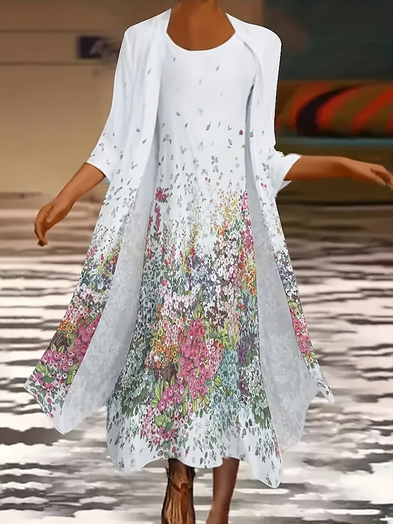  Floral Print Dress & Cardigan Set