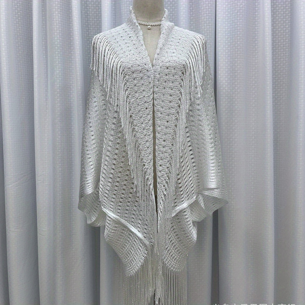 Bright Cape Hollow Out Tassel Bikini Cover Up Windproof Cardigan