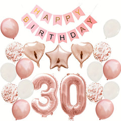Rose Golden Birthday Balloons Set with Pull Flag