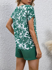 Floral Print V Neck Top & Drawstring Shorts Set Women's Clothing