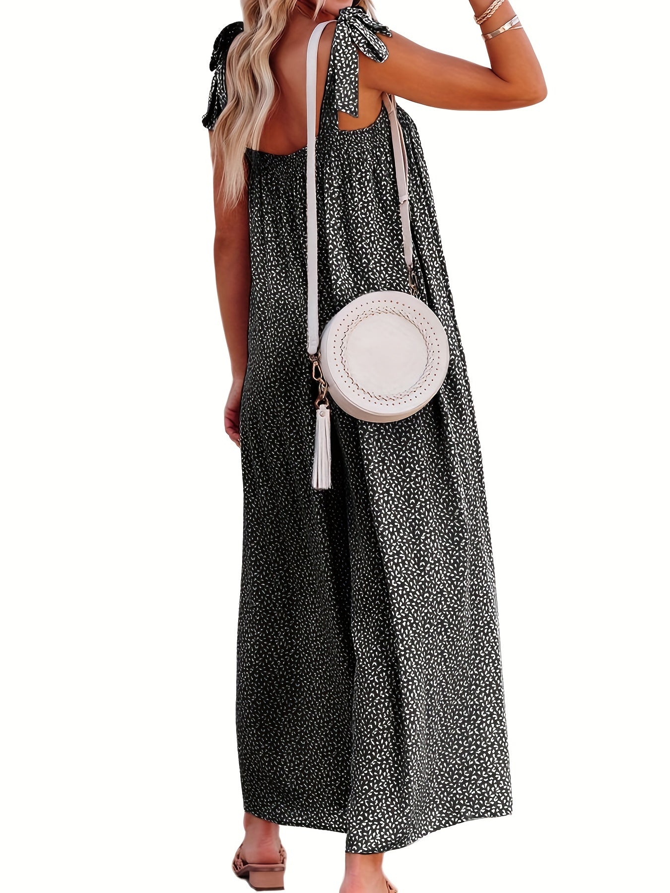 Casual Square Neck Sleeveless Jumpsuit Wide Leg Tie Pockets