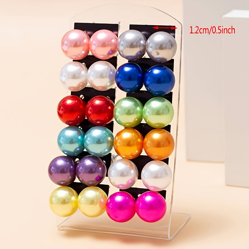 12 Pairs Colorful Pearl Ball Stud Earrings Men Women 6 8 10 12mm