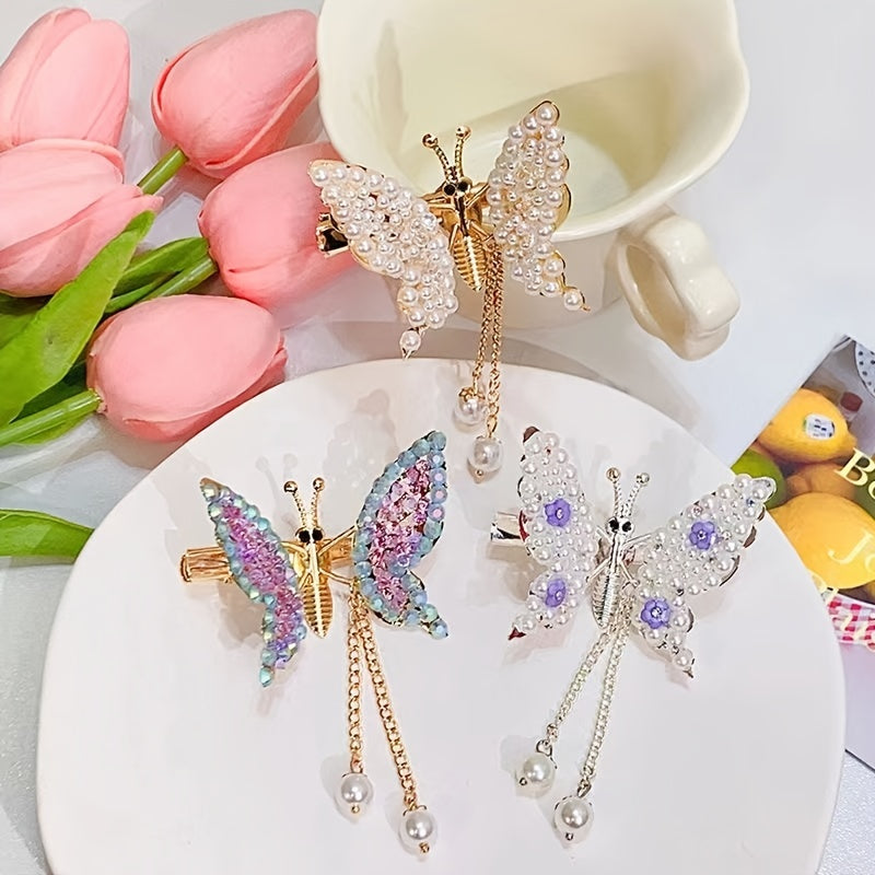 Butterfly Tassel Hair Clip Rhinestone Pearl French Barrette Headwear