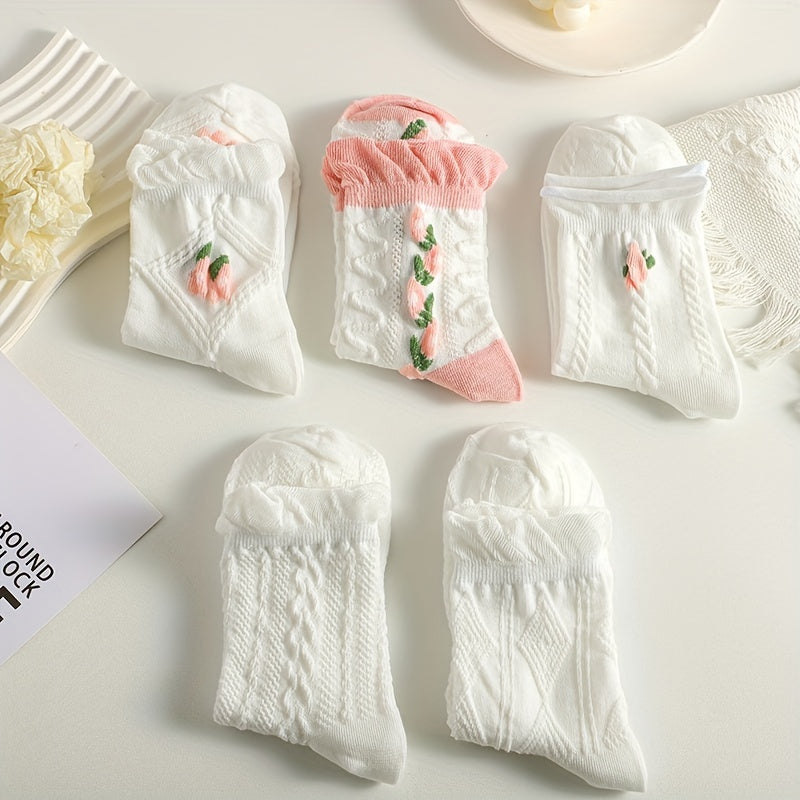 5 Pairs Floral Embroidered Mid Crew Socks Multicolor Women's Socks