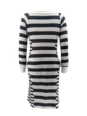  Stripe Print Long Sleeve Boat Neck Dress