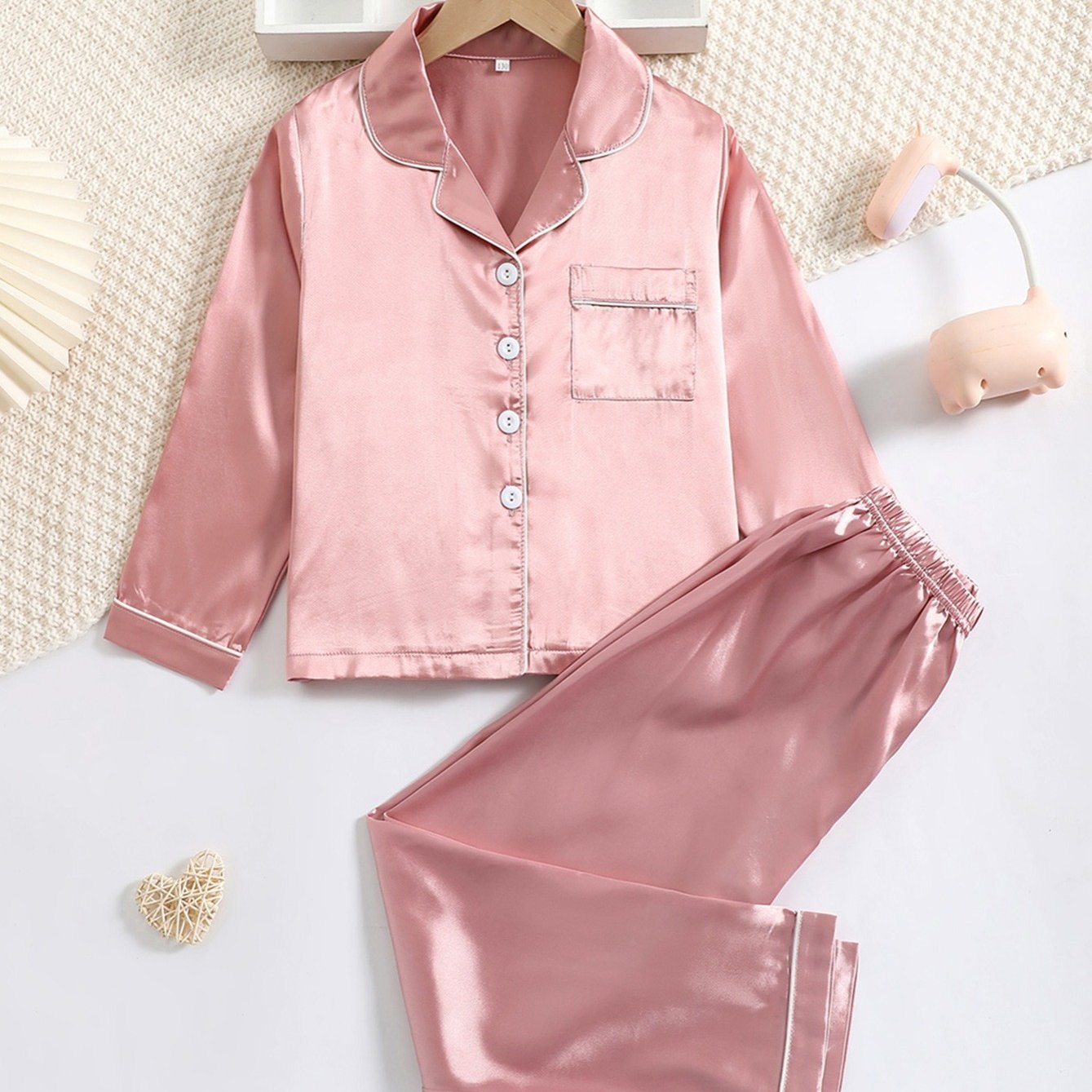 Baby Girls Satin Pajama Set Long Sleeve Button Down Solid Sleepwear