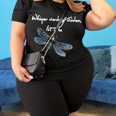 Slogan & Dragonfly Print 2 Piece Set