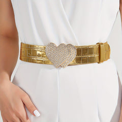 Rhinestone Heart Buckle Belt Golden Elastic Wide Belt PU Leather Waistband