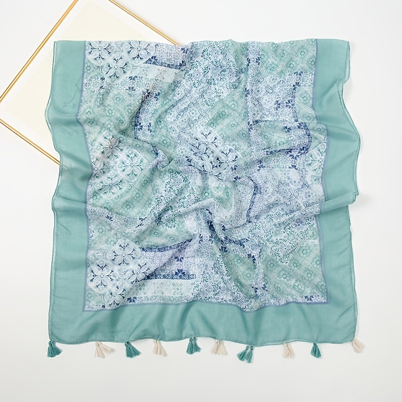 Tassel Scarf Floral Printed Warm Scarf Long Lightweight Scarf