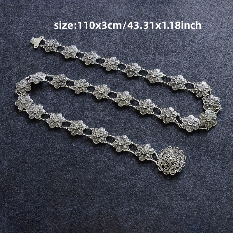 Boho Flower Hollow Out Belt Silvery Metal Waist Chain Dress Girdle