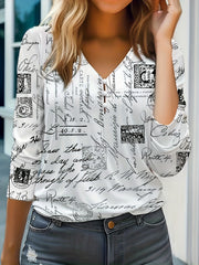  Graffiti Print Long Sleeve V Blouse