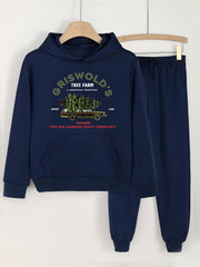 Cartoon Tree Farm Graphic Hoodies & Jogger Pants Set For Girls