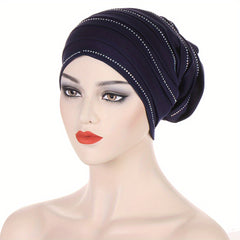 Pleated Satin Turban Cap Rhinestone Decor Head Wraps Elastic Hijab Hats