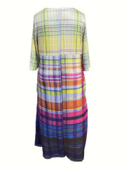  Ombre Plaid Print Notched Neck Dress