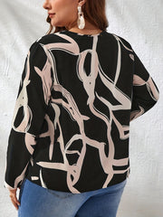  Geometric Print Notched Neck Long Sleeve Blouse