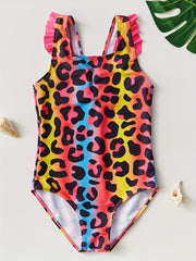 Toddler Girls Leopard Graphic Swimsuit Ruffled Trim