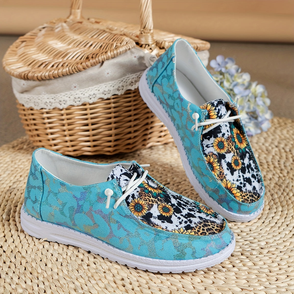 Women's Sunflower & Cow Print Canvas Slip On Shoes