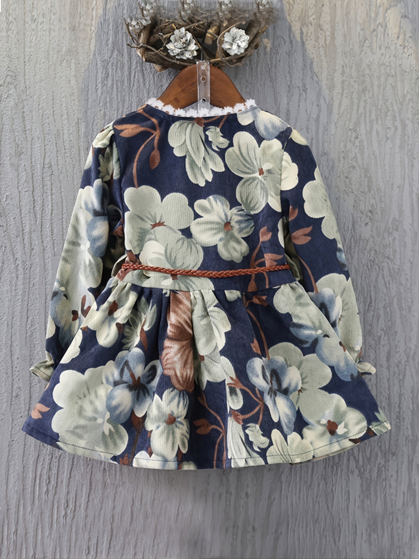 Vintage Lace Up Single Breasted Dress With Floral Print For Kids