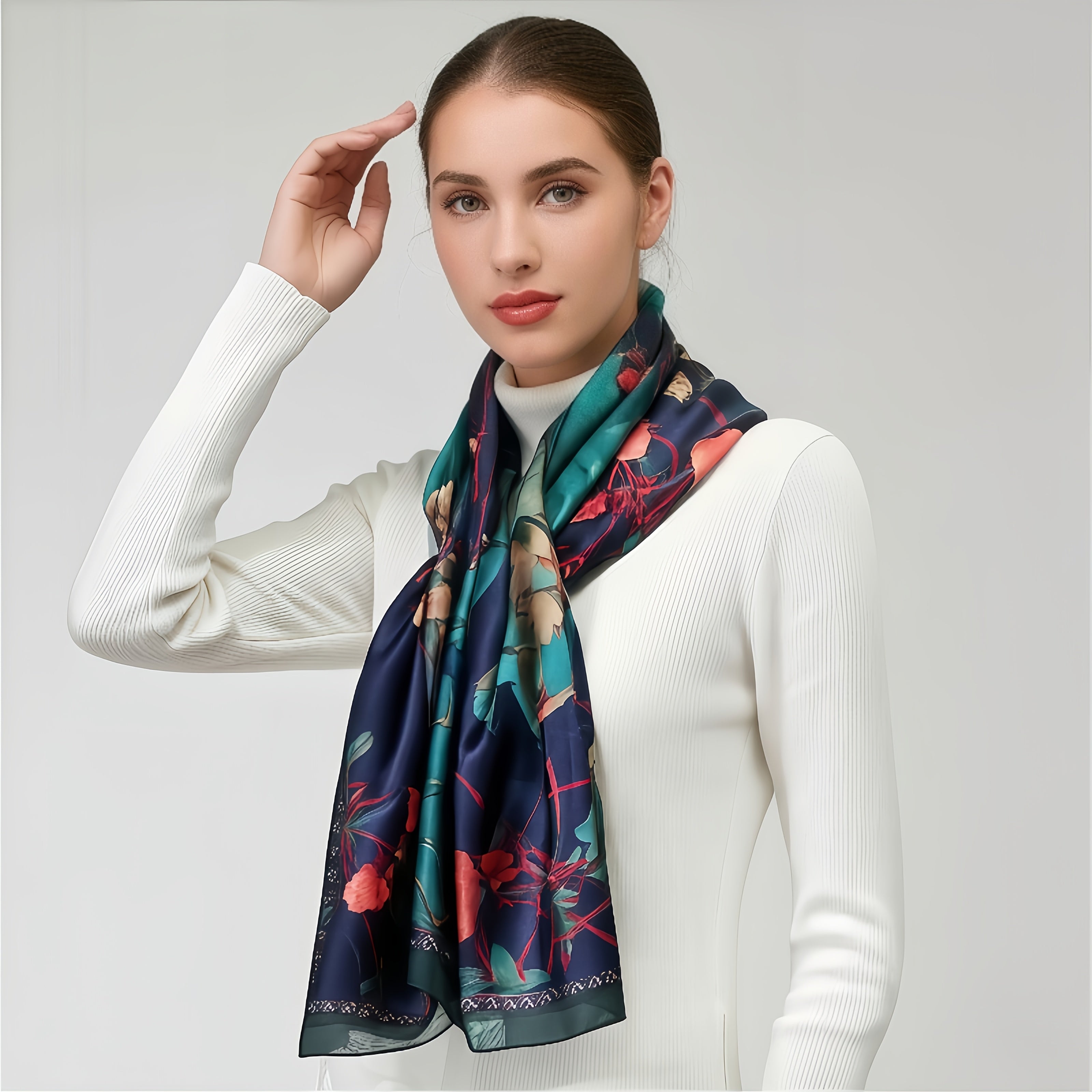 Floral Silk Scarf with Belt Lightweight & Versatile Perfect Gift