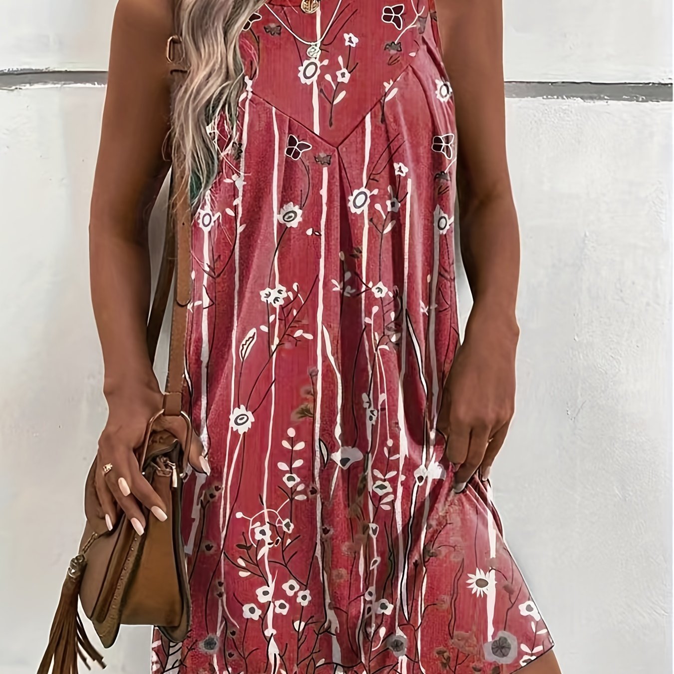  Floral Print Tank Dress Round Neck Slight Stretch
