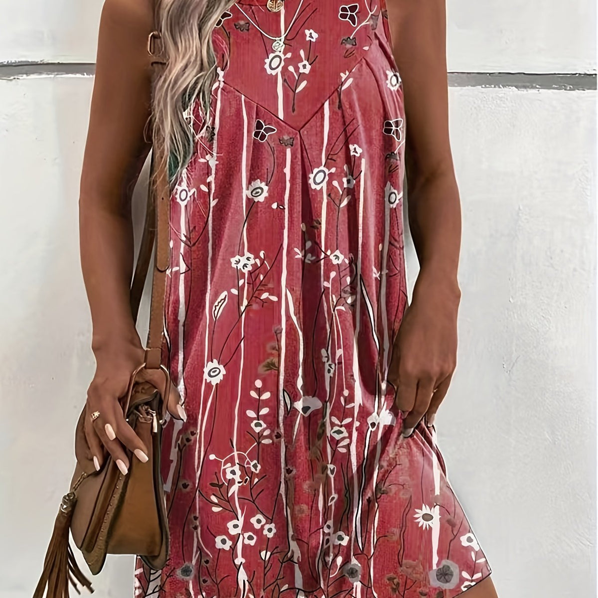  Floral Print Tank Dress Round Neck Slight Stretch