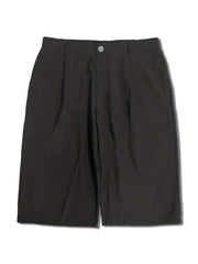  Solid Button Knee Length Elastic Waist Shorts