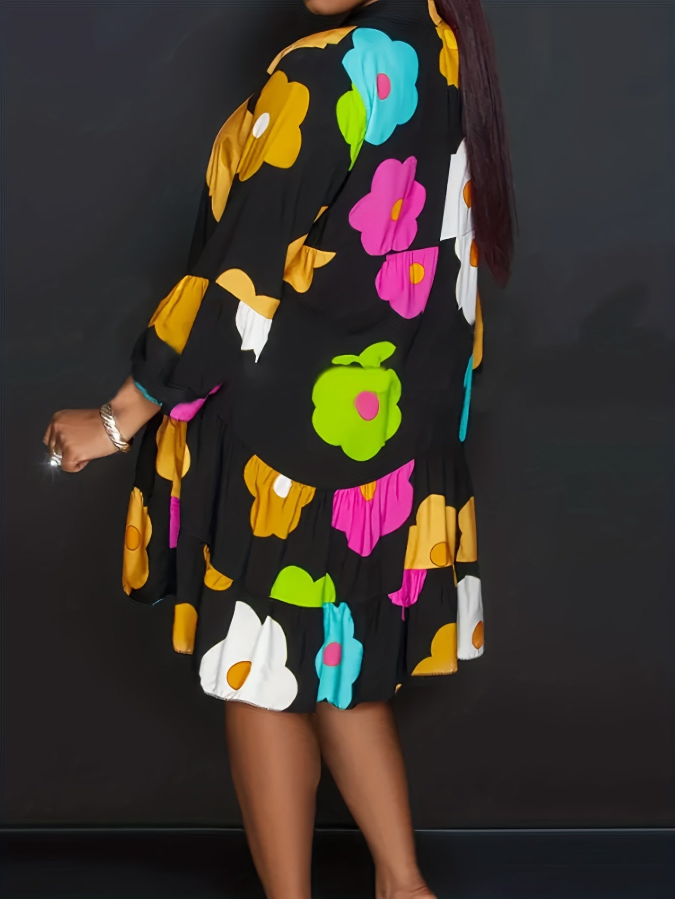  Floral Print Long Sleeve V Neck Shirt Dress