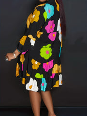  Floral Print Long Sleeve V Neck Shirt Dress