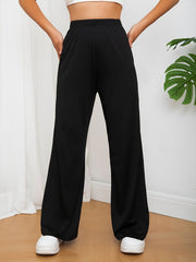  Solid Elastic High Rise Loose Fit Trousers