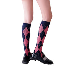 Argyle Calf Socks College Style Knee High Socks Women's Stockings