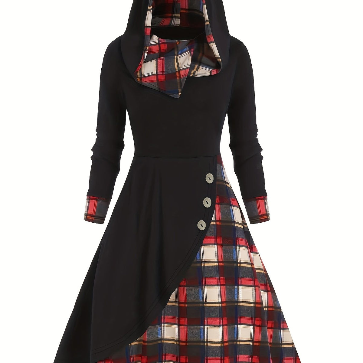 Colorblock Plaid Print Button Hooded Dress