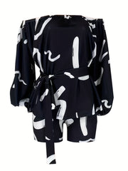 Geometric Print Front Tie Two Pieces Set Off Shoulder Tie Waist Blouse & Shorts