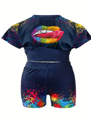 Plus Lip & Splash Print Crop Top & Shorts Set