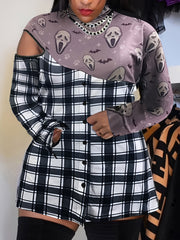  Colorblock Plaid & Skull Print Mock Neck Dress